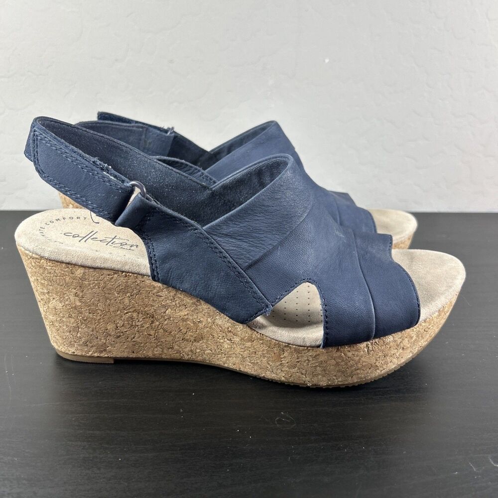Clarks Sandal Women's Size 9.5 Wide Nubuck Leather Wedge Blue Comfort Cork